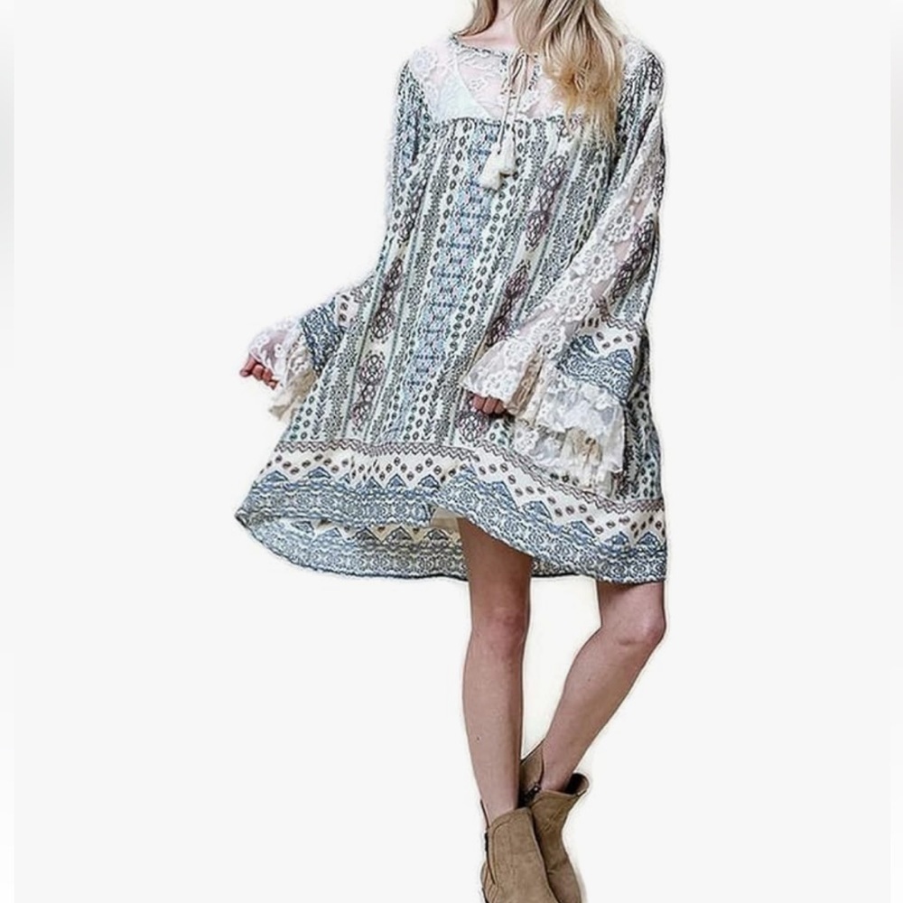 Kori America Women Boho Ruffles Lace Dress Size L